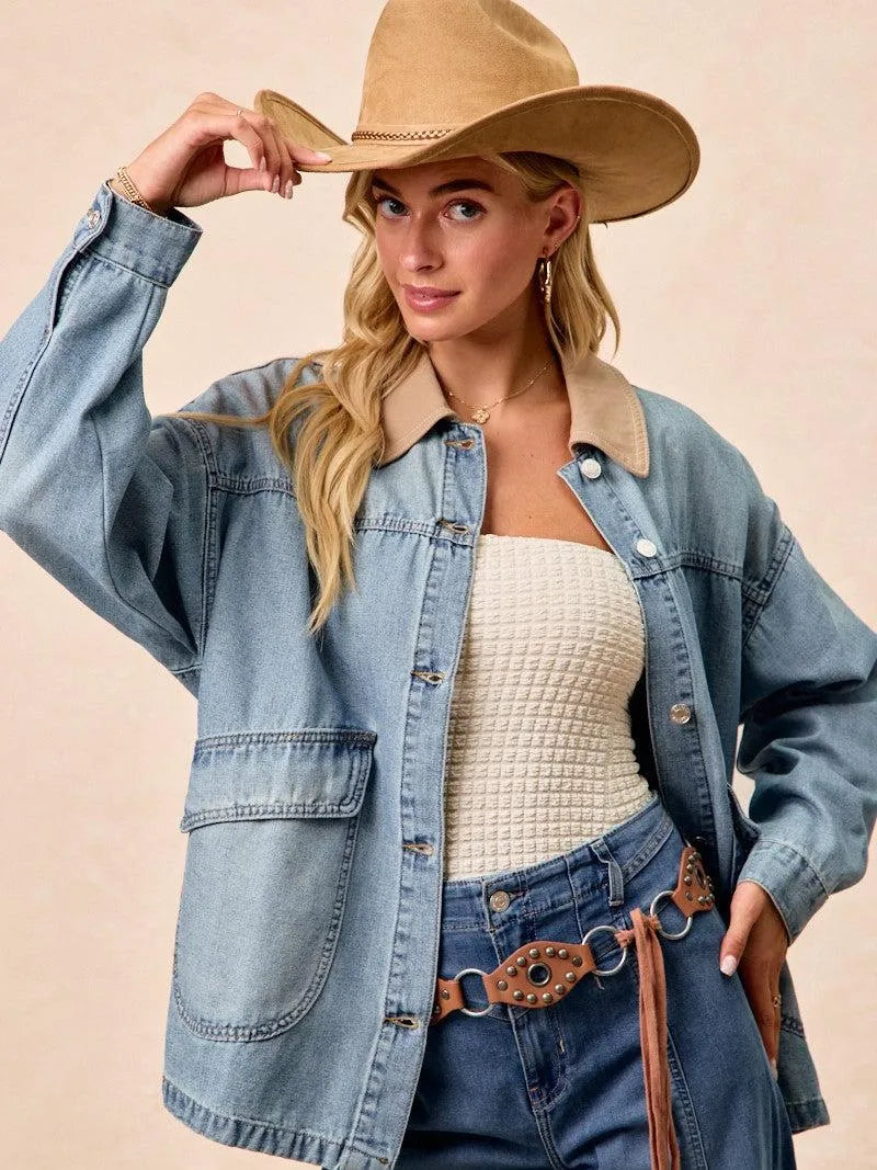 BiBi Retro Drift Washed Denim Jacket with Contrast Collar-Women's Shirts & Tops-Shop Z & Joxa