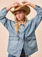 BiBi Retro Drift Washed Denim Jacket with Contrast Collar-Women's Shirts & Tops-Shop Z & Joxa