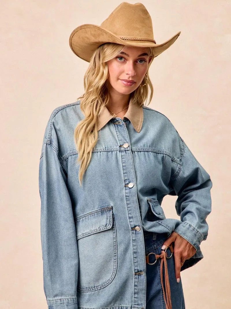 BiBi Retro Drift Washed Denim Jacket with Contrast Collar-Women's Shirts & Tops-Shop Z & Joxa