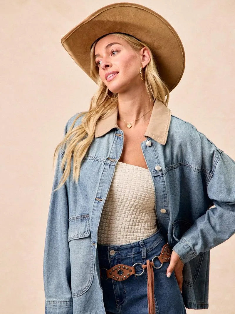 BiBi Retro Drift Washed Denim Jacket with Contrast Collar-Women's Shirts & Tops-Shop Z & Joxa