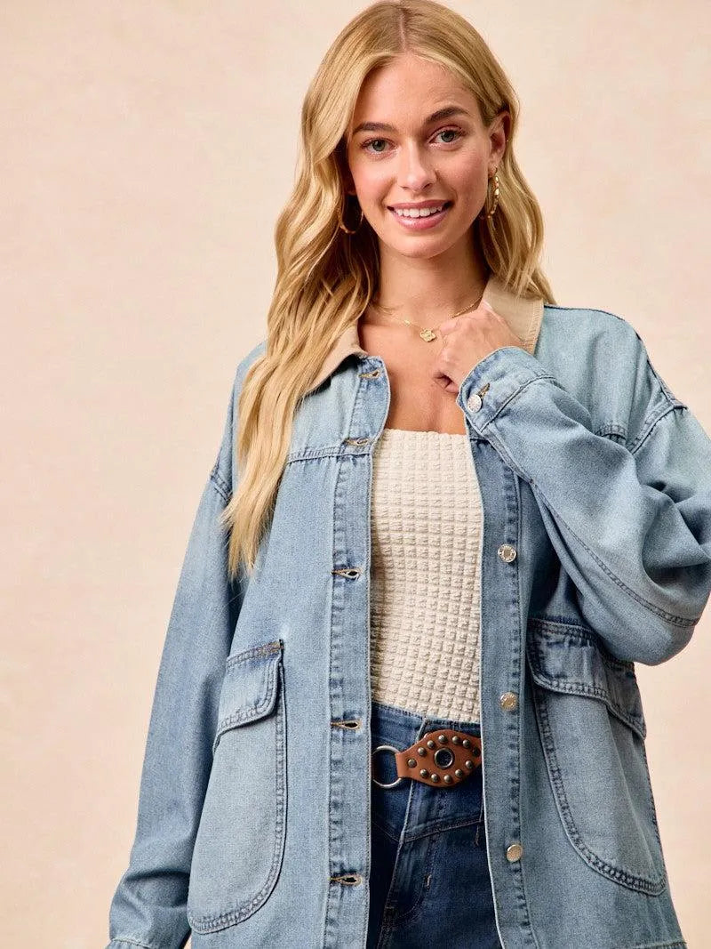 BiBi Retro Drift Washed Denim Jacket with Contrast Collar-Women's Shirts & Tops-Shop Z & Joxa