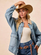 BiBi Retro Drift Washed Denim Jacket with Contrast Collar-Women's Shirts & Tops-Shop Z & Joxa