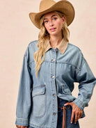 BiBi Retro Drift Washed Denim Jacket with Contrast Collar-Women's Shirts & Tops-Shop Z & Joxa