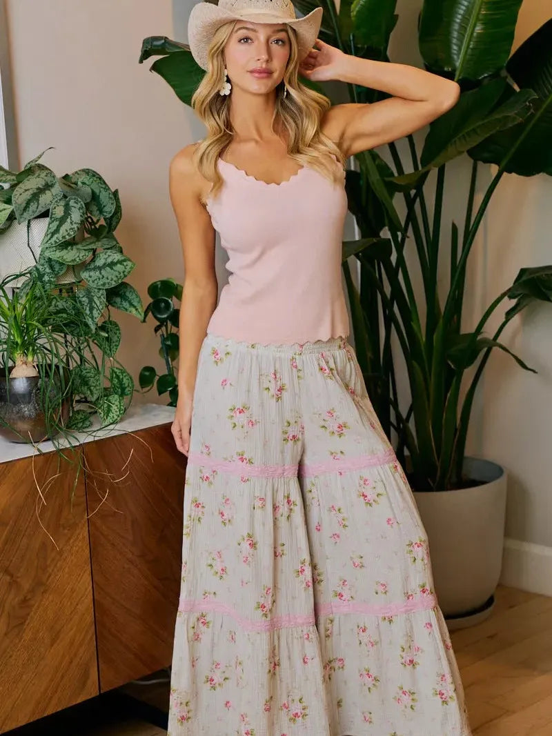 BiBi Rosewater Breeze Printed Gauze Trim Smocked Maxi Pants-Women's Pants-Shop Z & Joxa