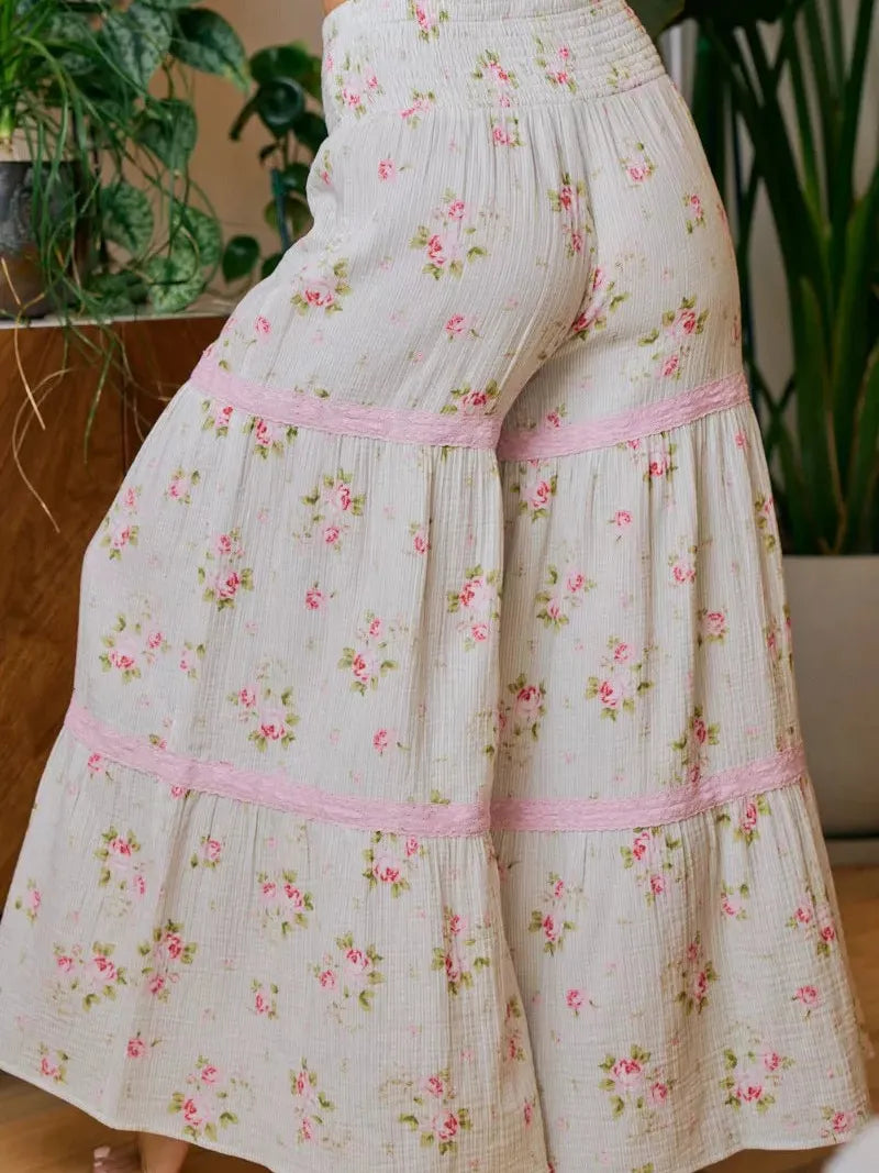 BiBi Rosewater Breeze Printed Gauze Trim Smocked Maxi Pants-Women's Pants-Shop Z & Joxa