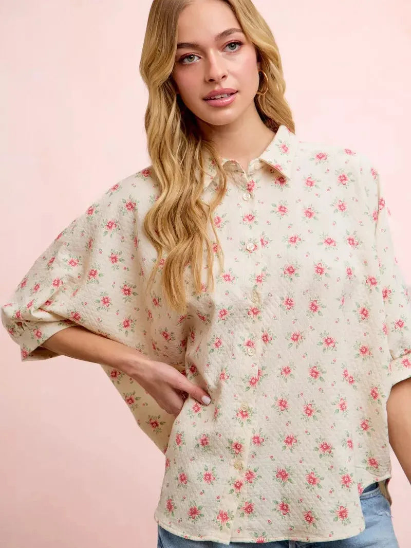 BiBi Rosy and Relaxed Short Sleeve Floral Dolman Blouse Top-Shirts & Tops-Shop Z & Joxa
