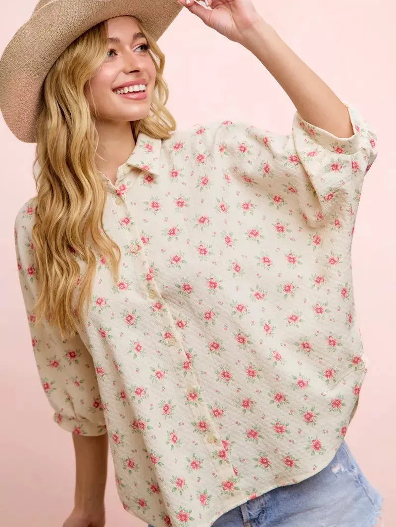 BiBi Rosy and Relaxed Short Sleeve Floral Dolman Blouse Top-Shirts & Tops-Shop Z & Joxa