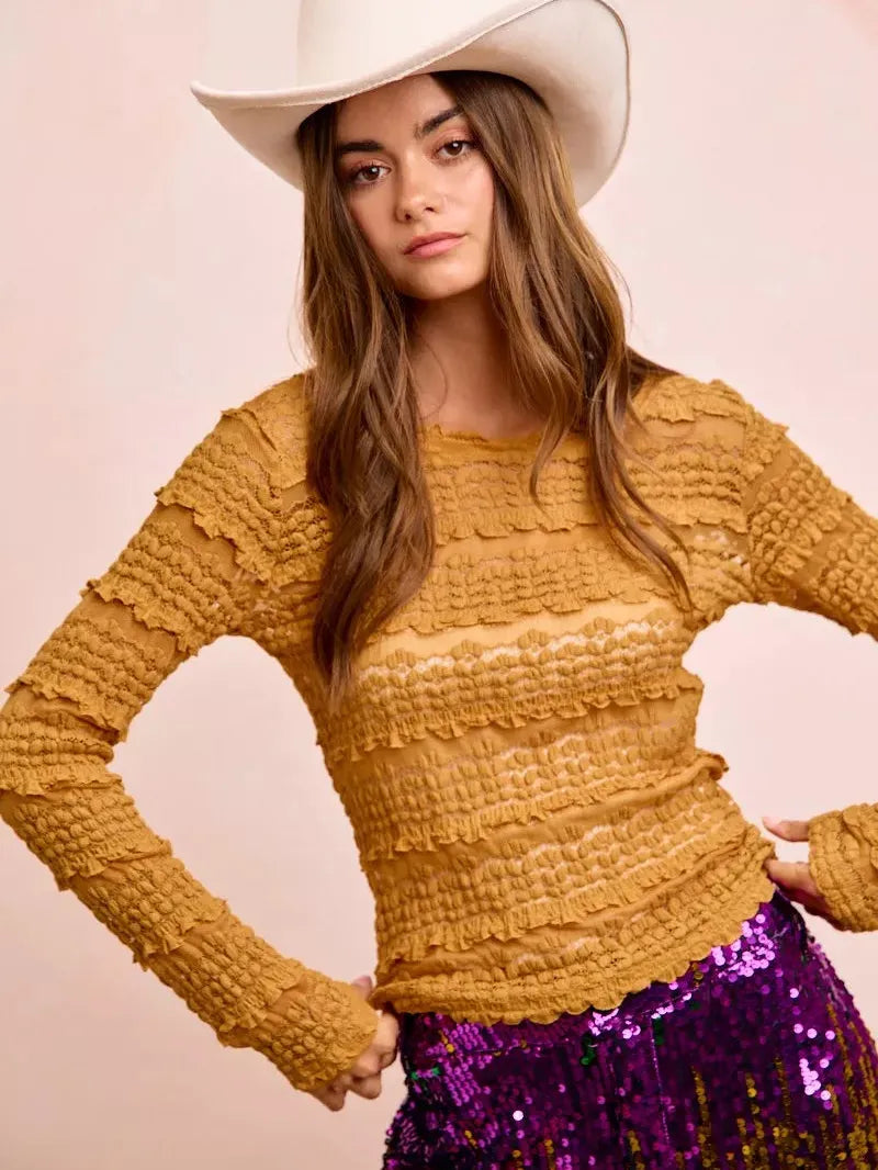 BiBi Ruffle Up Mardi Gras Flower Lace Top in Mustard-Women's Shirts & Tops-Shop Z & Joxa