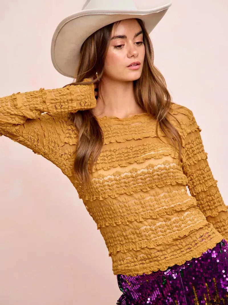 BiBi Ruffle Up Mardi Gras Flower Lace Top in Mustard-Women's Shirts & Tops-Shop Z & Joxa