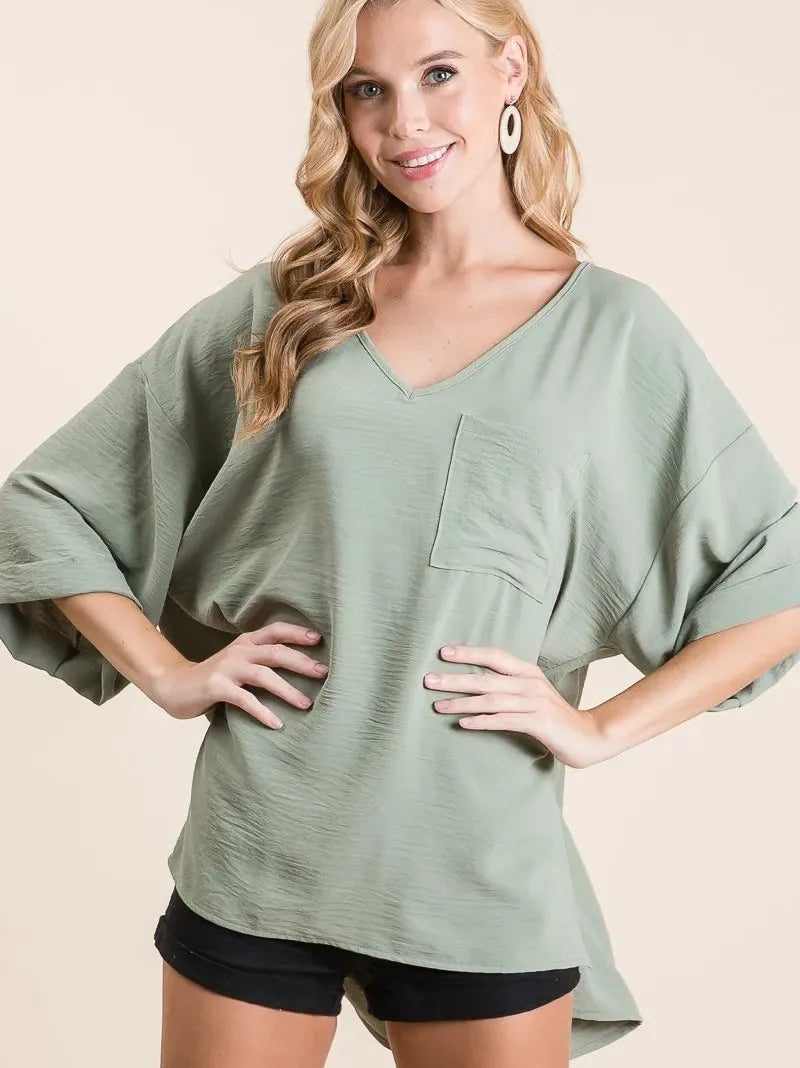 BiBi Sage and Sway Oversized Flowy V-Neck Top-Women's Shirts & Tops-Shop Z & Joxa