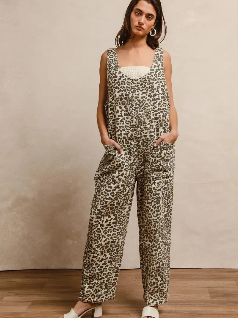 BiBi Sahara Spice Leopard Print Adjustable Strap U-Neck Jumpsuit-Women's Jumpsuits-Shop Z & Joxa