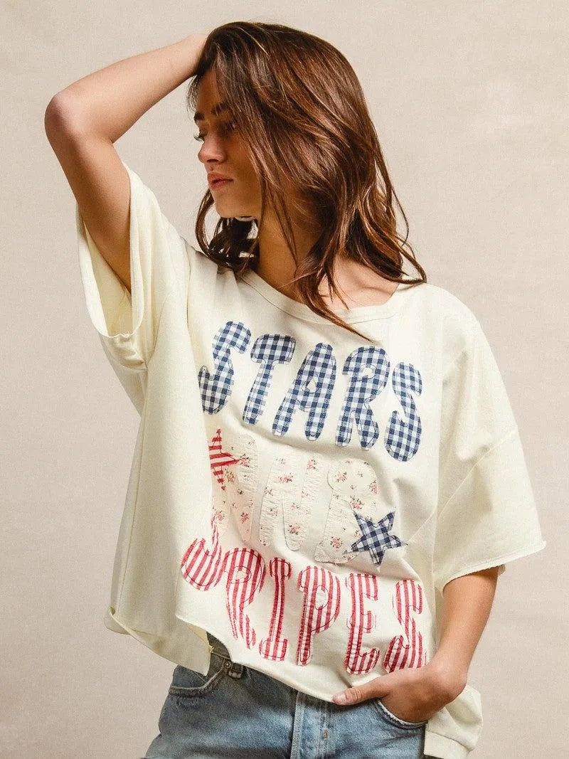 BiBi Star Struck Stars and Stripes Patchwork Oversized T-Shirt-Women's Shirts & Tops-Shop Z & Joxa