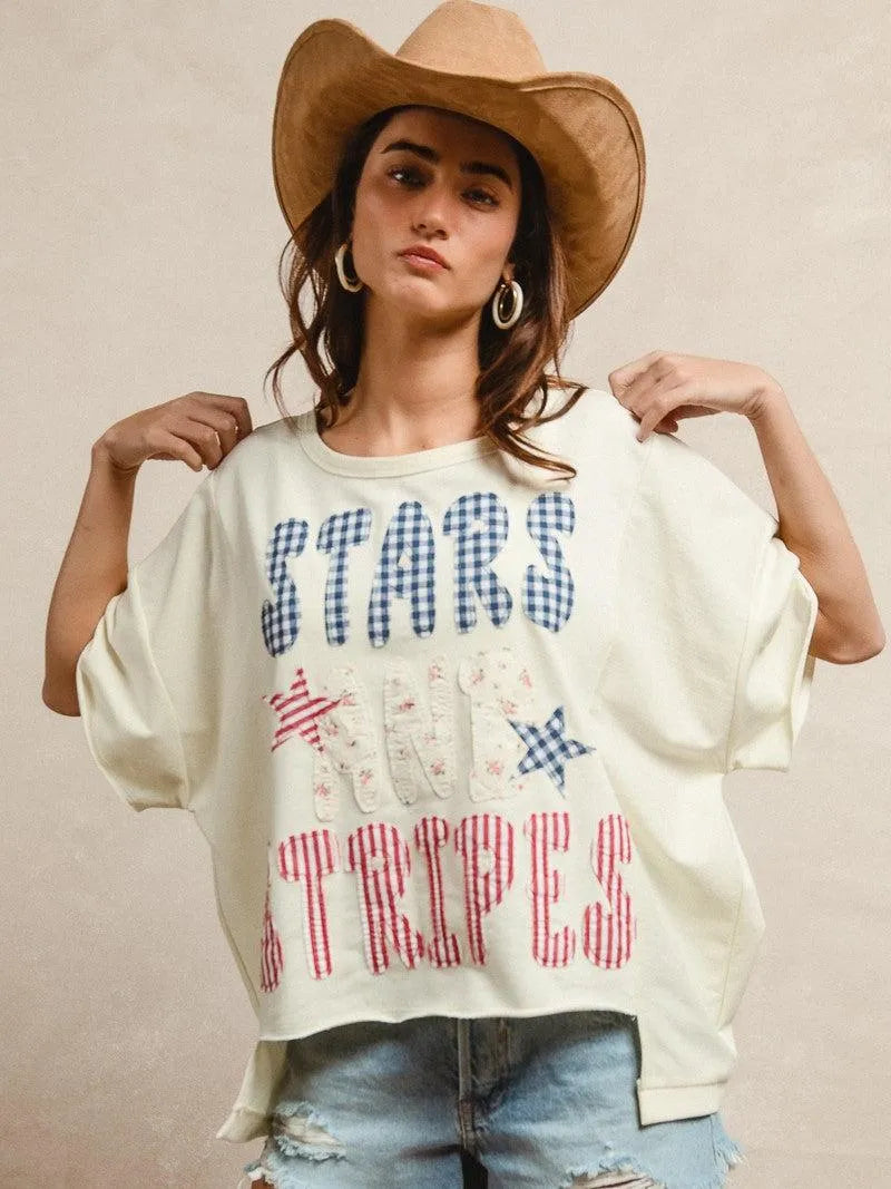 BiBi Star Struck Stars and Stripes Patchwork Oversized T-Shirt-Women's Shirts & Tops-Shop Z & Joxa