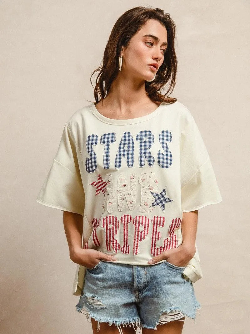 BiBi Star Struck Stars and Stripes Patchwork Oversized T-Shirt-Women's Shirts & Tops-Shop Z & Joxa