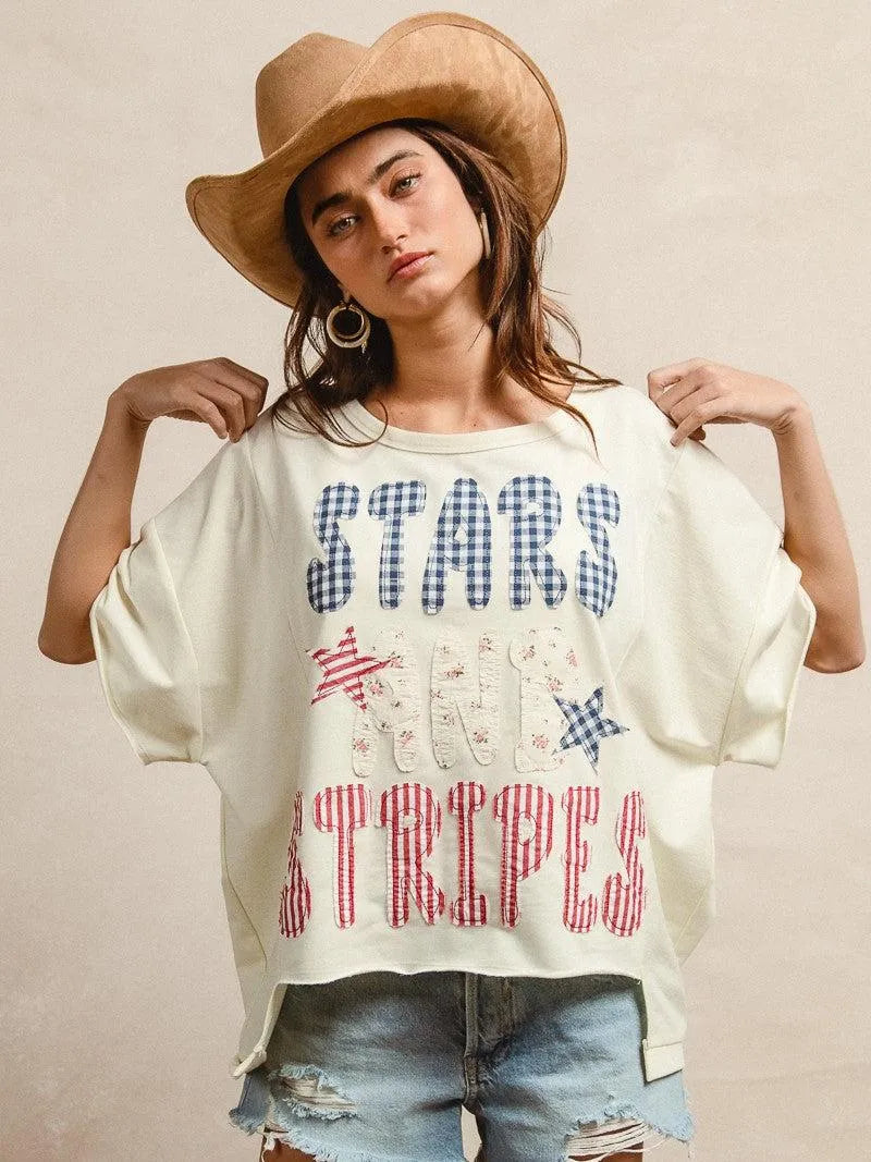 BiBi Star Struck Stars and Stripes Patchwork Oversized T-Shirt-Women's Shirts & Tops-Shop Z & Joxa