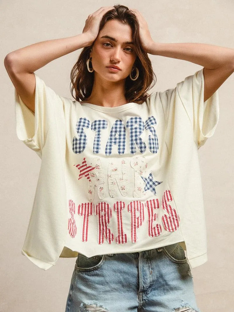 BiBi Star Struck Stars and Stripes Patchwork Oversized T-Shirt-Women's Shirts & Tops-Shop Z & Joxa