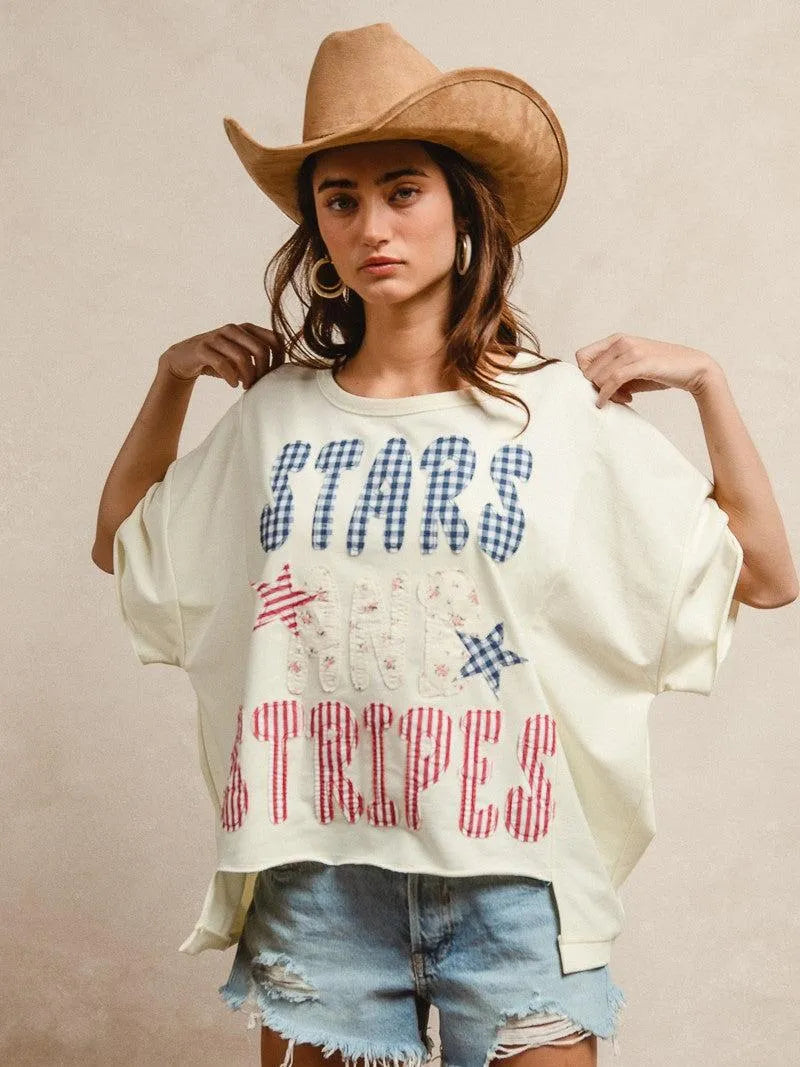 BiBi Star Struck Stars and Stripes Patchwork Oversized T-Shirt-Women's Shirts & Tops-Shop Z & Joxa