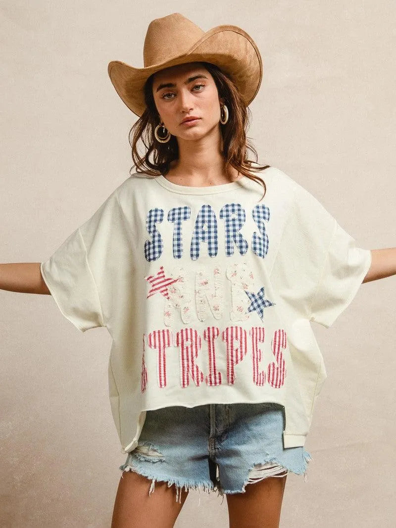 BiBi Star Struck Stars and Stripes Patchwork Oversized T-Shirt-Women's Shirts & Tops-Shop Z & Joxa