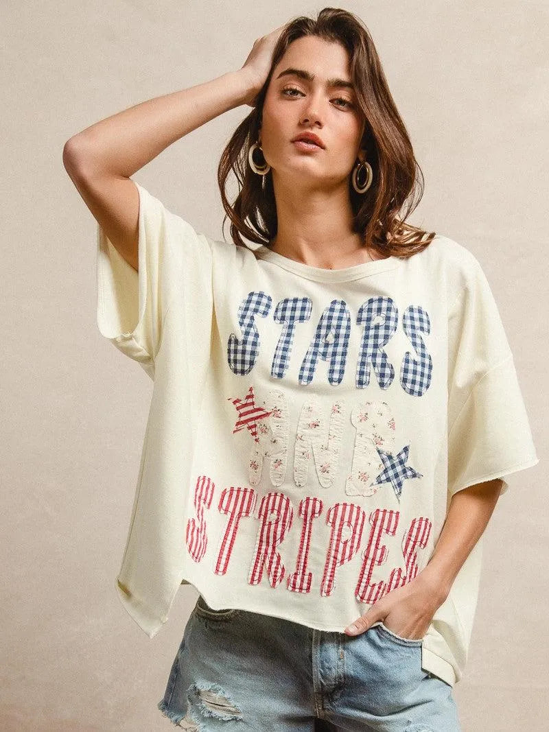 BiBi Star Struck Stars and Stripes Patchwork Oversized T-Shirt-Women's Shirts & Tops-Shop Z & Joxa
