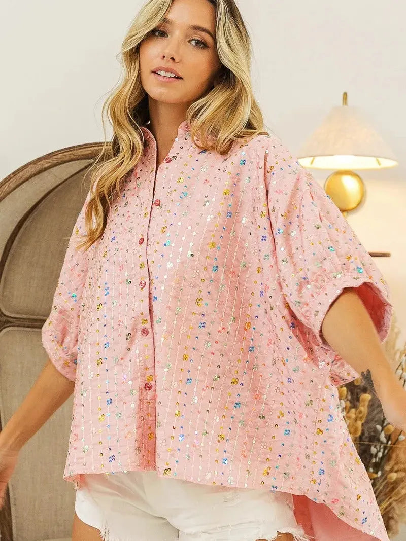 BiBi Stripe Me Shimmer Sequin Striped Dolman Sleeve Blouse-Women's Shirts & Tops-Shop Z & Joxa