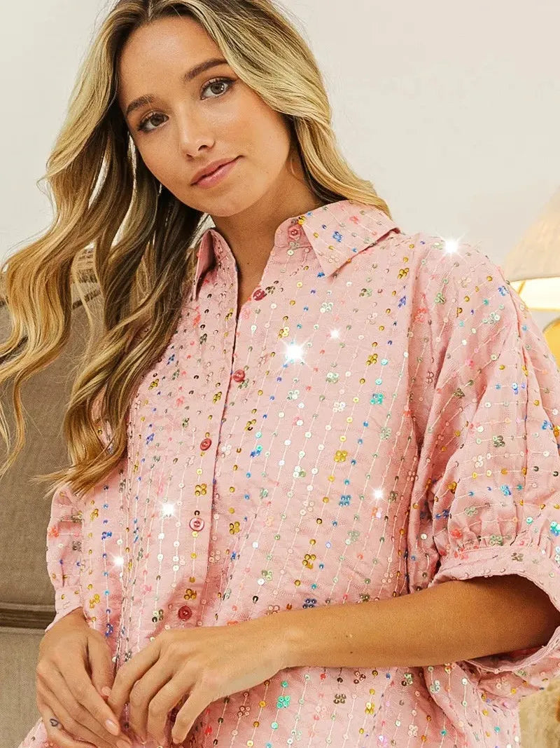 BiBi Stripe Me Shimmer Sequin Striped Dolman Sleeve Blouse-Women's Shirts & Tops-Shop Z & Joxa