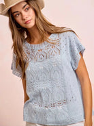 BiBi Summer Sky Blue Washed Short Sleeve Eyelet Knit Top-Women's Shirts & Tops-Shop Z & Joxa