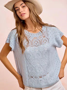 BiBi Summer Sky Blue Washed Short Sleeve Eyelet Knit Top-Women's Shirts & Tops-Shop Z & Joxa