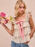 BiBi Sweet Ruffles Front Bow Square Neck Sleeveless Floral Top-Women's Shirts & Tops-Shop Z & Joxa