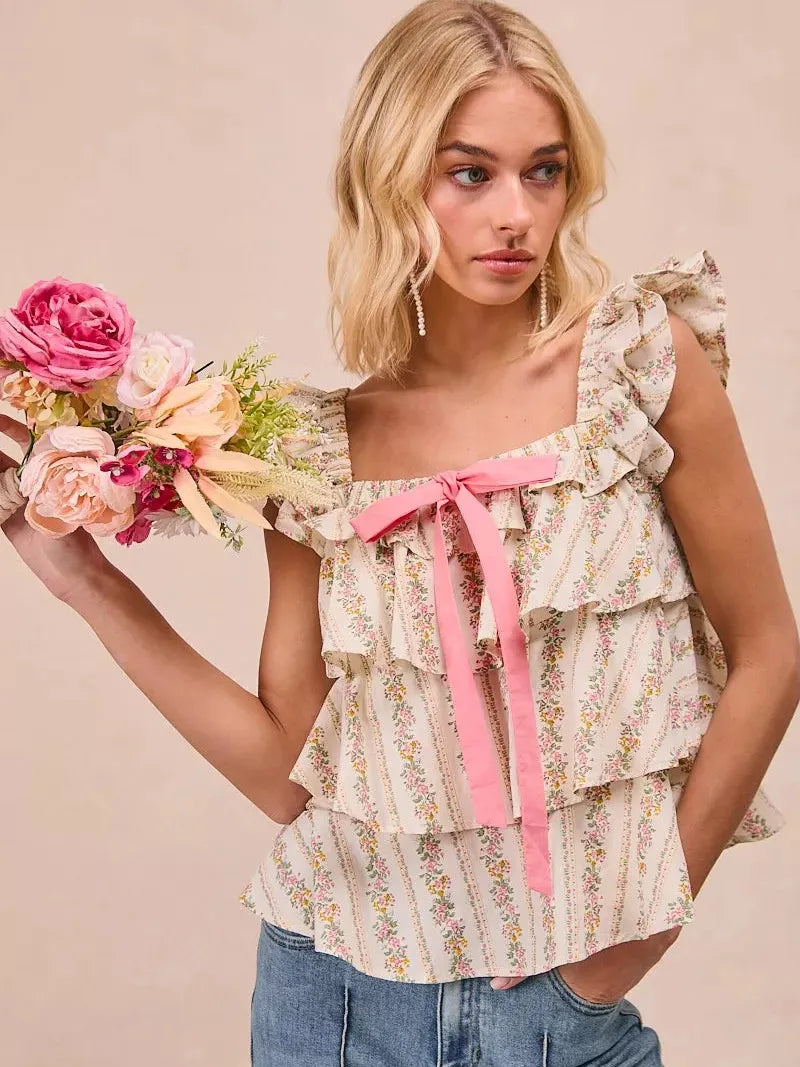 BiBi Sweet Ruffles Front Bow Square Neck Sleeveless Floral Top-Women's Shirts & Tops-Shop Z & Joxa