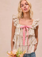 BiBi Sweet Ruffles Front Bow Square Neck Sleeveless Floral Top-Women's Shirts & Tops-Shop Z & Joxa