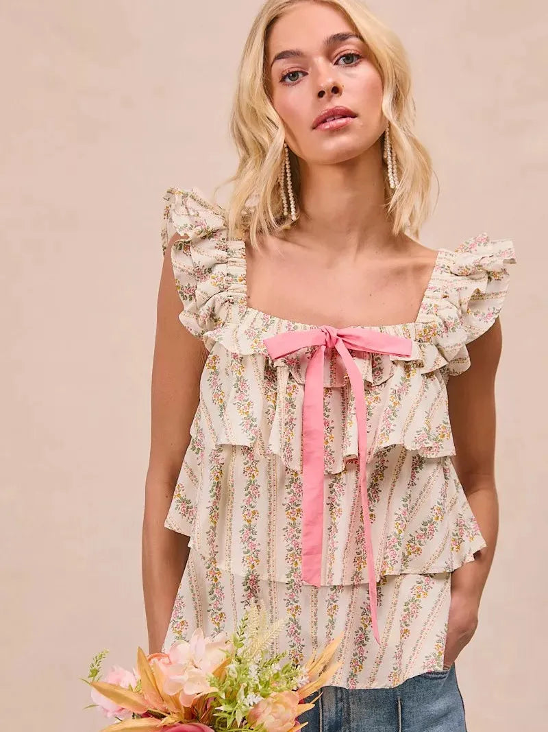 BiBi Sweet Ruffles Front Bow Square Neck Sleeveless Floral Top-Women's Shirts & Tops-Shop Z & Joxa