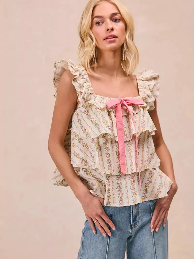 BiBi Sweet Ruffles Front Bow Square Neck Sleeveless Floral Top-Women's Shirts & Tops-Shop Z & Joxa