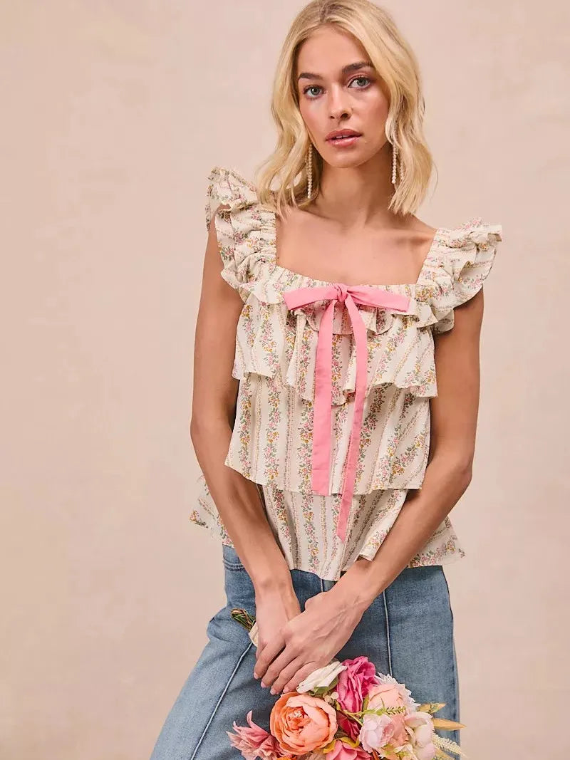 BiBi Sweet Ruffles Front Bow Square Neck Sleeveless Floral Top-Women's Shirts & Tops-Shop Z & Joxa