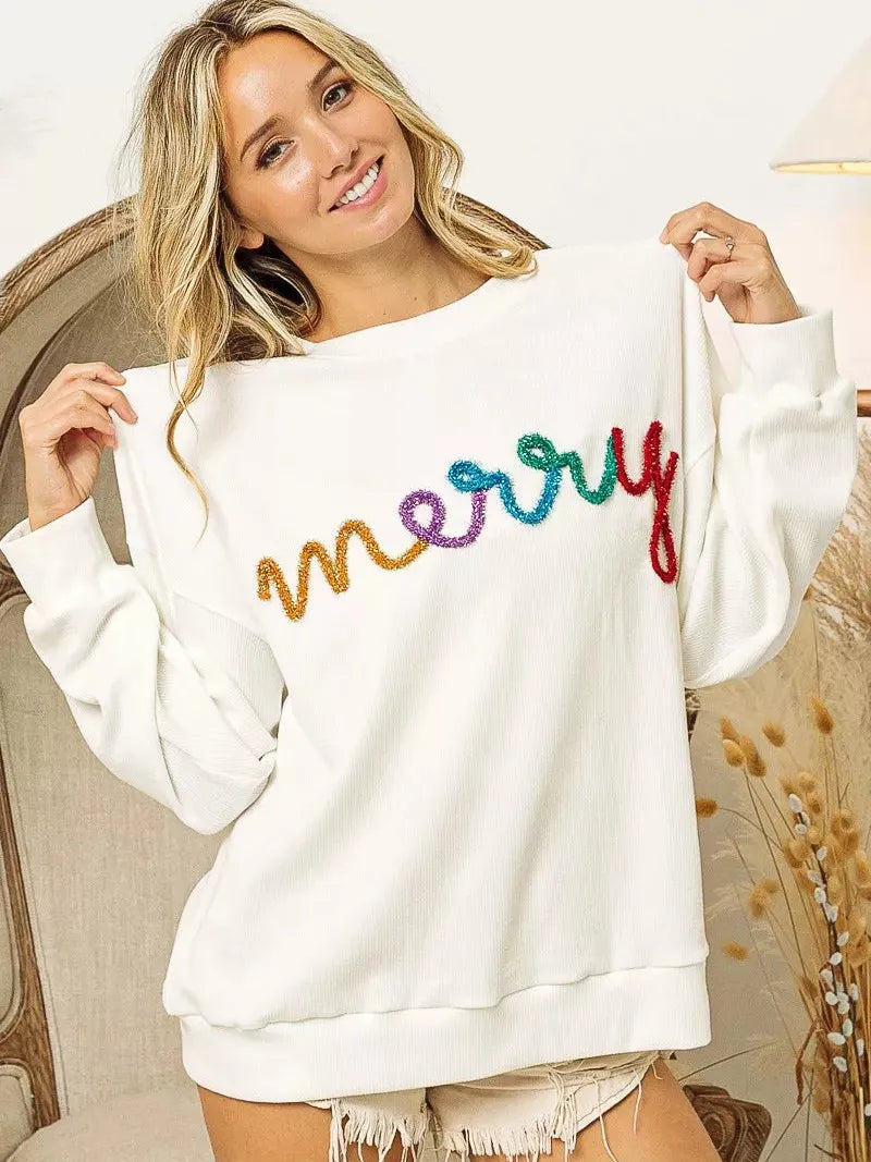BiBi Tinsel Tidings Merry Lettering Graphic Sweatshirt-Women's Shirts & Tops-Shop Z & Joxa