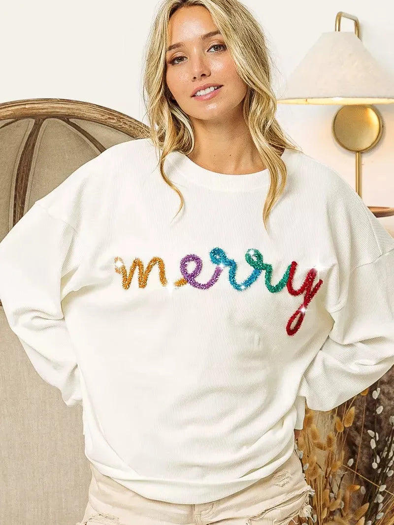 BiBi Tinsel Tidings Merry Lettering Graphic Sweatshirt-Women's Shirts & Tops-Shop Z & Joxa