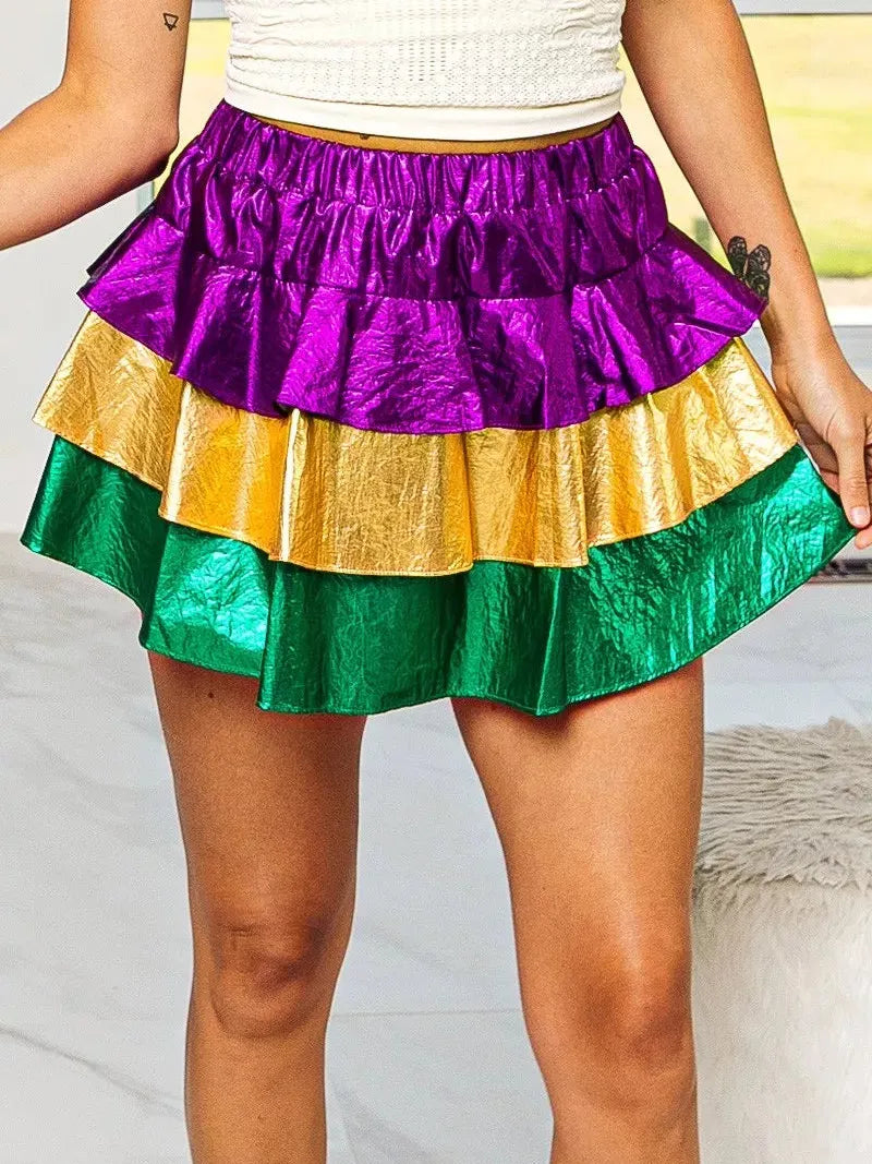 BiBi Turn Up the Shine Color Block Mardi Gras Metallic Skirt-Mini Skirts-Shop Z & Joxa