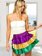 BiBi Turn Up the Shine Color Block Mardi Gras Metallic Skirt-Mini Skirts-Shop Z & Joxa