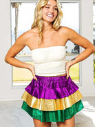 BiBi Turn Up the Shine Color Block Mardi Gras Metallic Skirt-Mini Skirts-Shop Z & Joxa