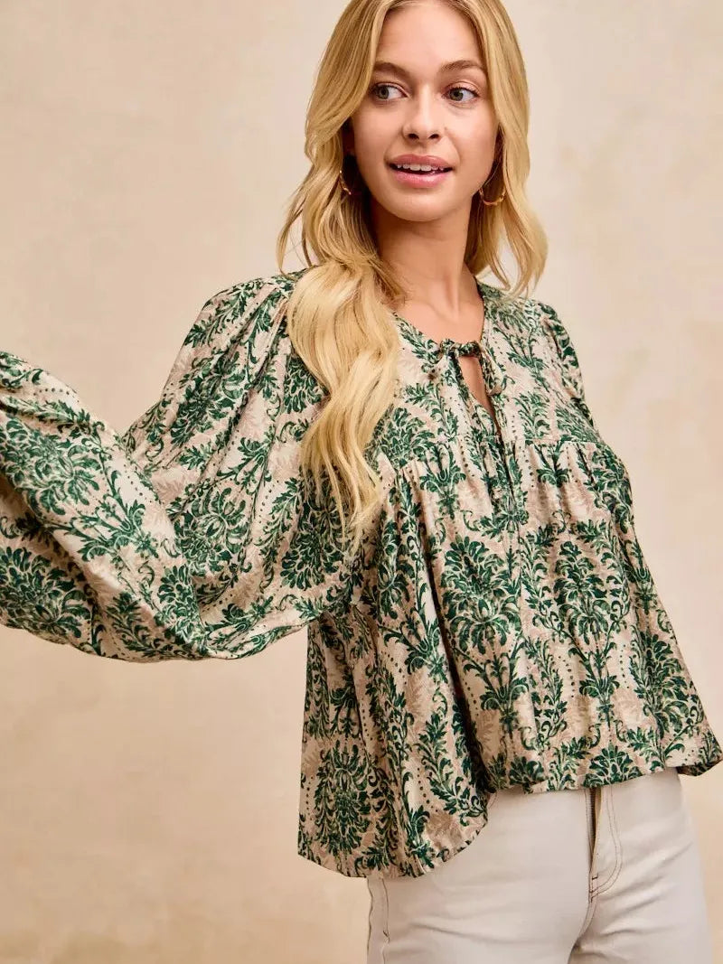 BiBi Twist of Romance Balloon Sleeve Front Tie Blouse-Women's Shirts & Tops-Shop Z & Joxa