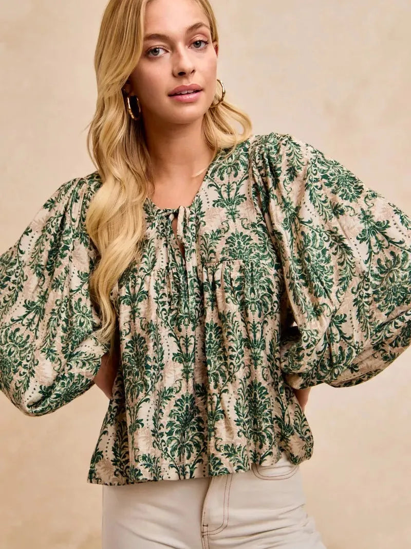 BiBi Twist of Romance Balloon Sleeve Front Tie Blouse-Women's Shirts & Tops-Shop Z & Joxa