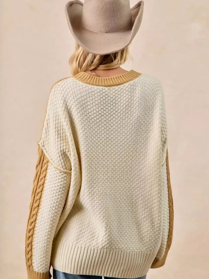BiBi Uneven Elegance Cable Knit With Hacci Combo Sweater-Women's Shirts & Tops-Shop Z & Joxa