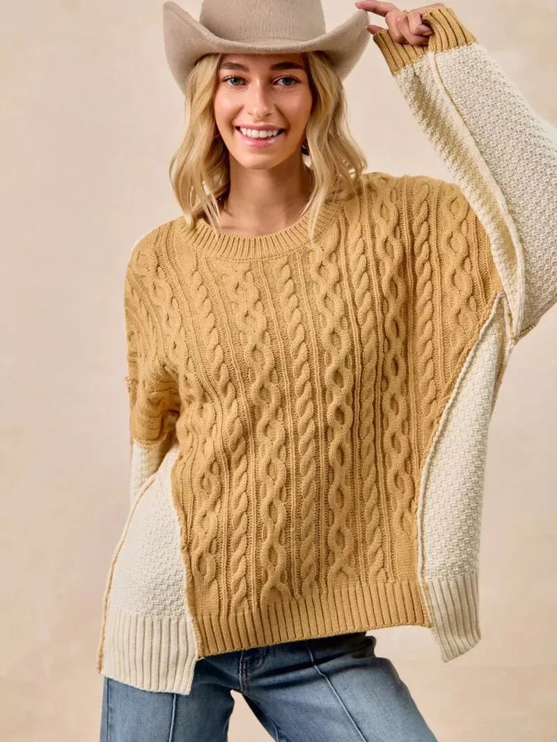 BiBi Uneven Elegance Cable Knit With Hacci Combo Sweater-Women's Shirts & Tops-Shop Z & Joxa