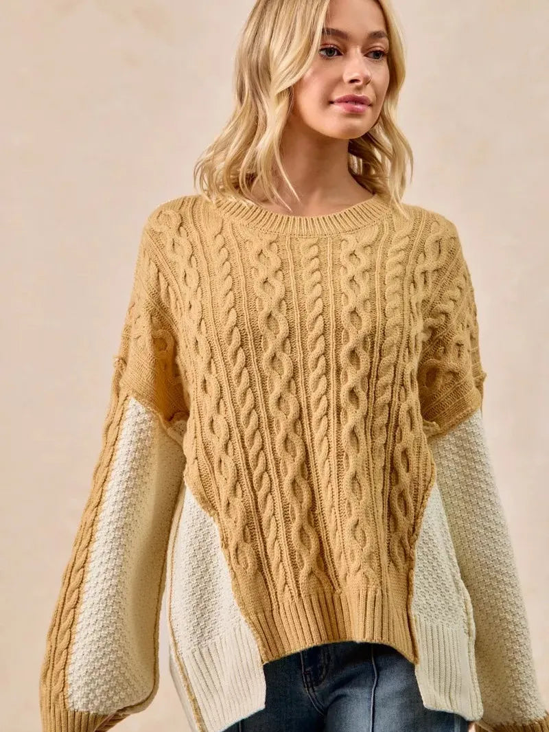 BiBi Uneven Elegance Cable Knit With Hacci Combo Sweater-Women's Shirts & Tops-Shop Z & Joxa