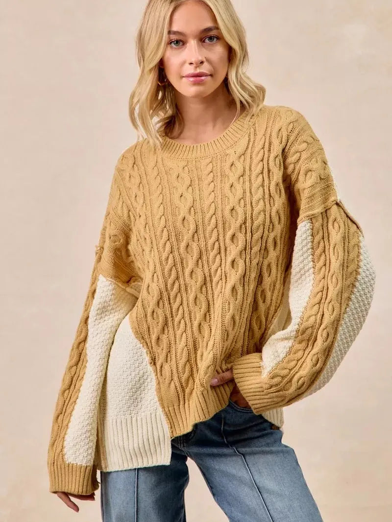 BiBi Uneven Elegance Cable Knit With Hacci Combo Sweater-Women's Shirts & Tops-Shop Z & Joxa