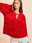 BiBi Velvet Kiss Bow Tied Long Sleeve Top With Tie Detail-Women's Shirts & Tops-Shop Z & Joxa