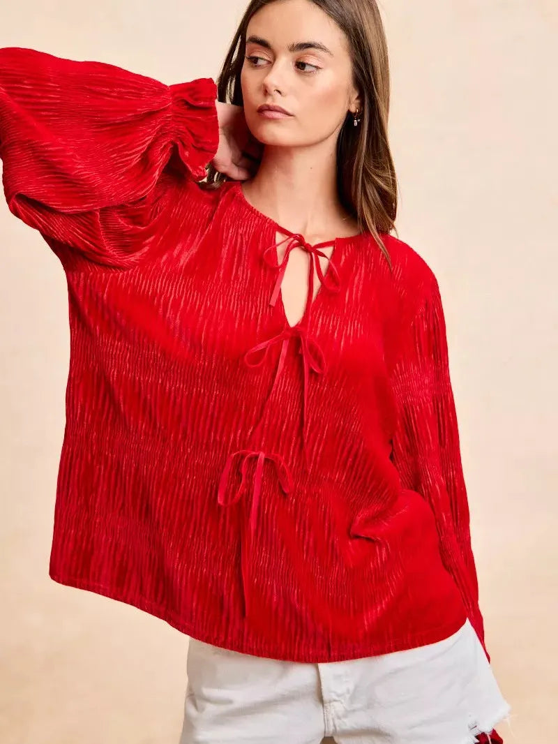 BiBi Velvet Kiss Bow Tied Long Sleeve Top With Tie Detail-Women's Shirts & Tops-Shop Z & Joxa