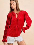BiBi Velvet Kiss Bow Tied Long Sleeve Top With Tie Detail-Women's Shirts & Tops-Shop Z & Joxa