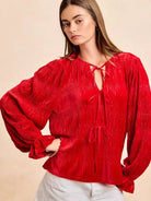 BiBi Velvet Kiss Bow Tied Long Sleeve Top With Tie Detail-Women's Shirts & Tops-Shop Z & Joxa