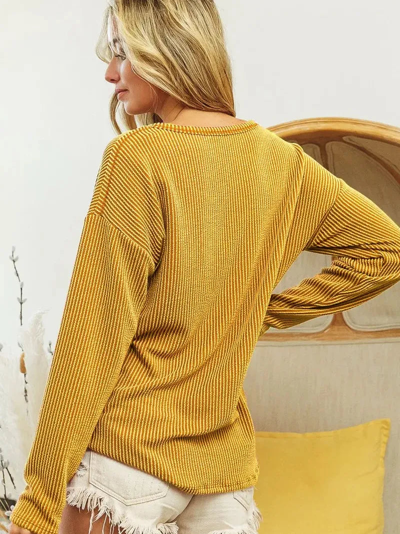 BiBi Wavy Harmony Two-tone Rib Notch Neck Long Sleeve Top-Women's Shirts & Tops-Shop Z & Joxa