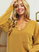 BiBi Wavy Harmony Two-tone Rib Notch Neck Long Sleeve Top-Women's Shirts & Tops-Shop Z & Joxa